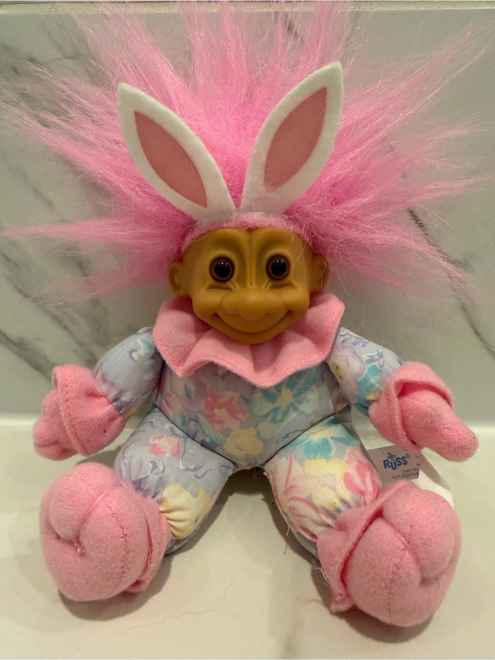 Russ Pink-Haired Bunny Troll Plush in Floral Outfit